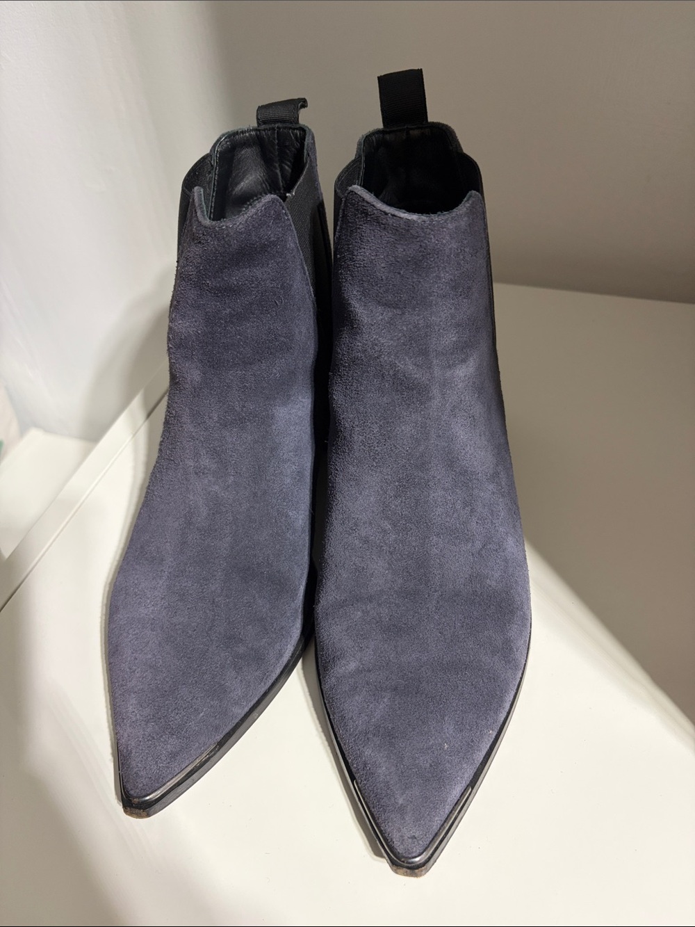 Acne Pointed-Toe Suede Ankle Boots in Navy Blue